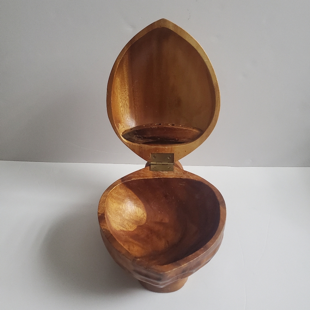 Vintage Solid Wood Walnut Carved Large Nut / Storage Container Decor Sculpture